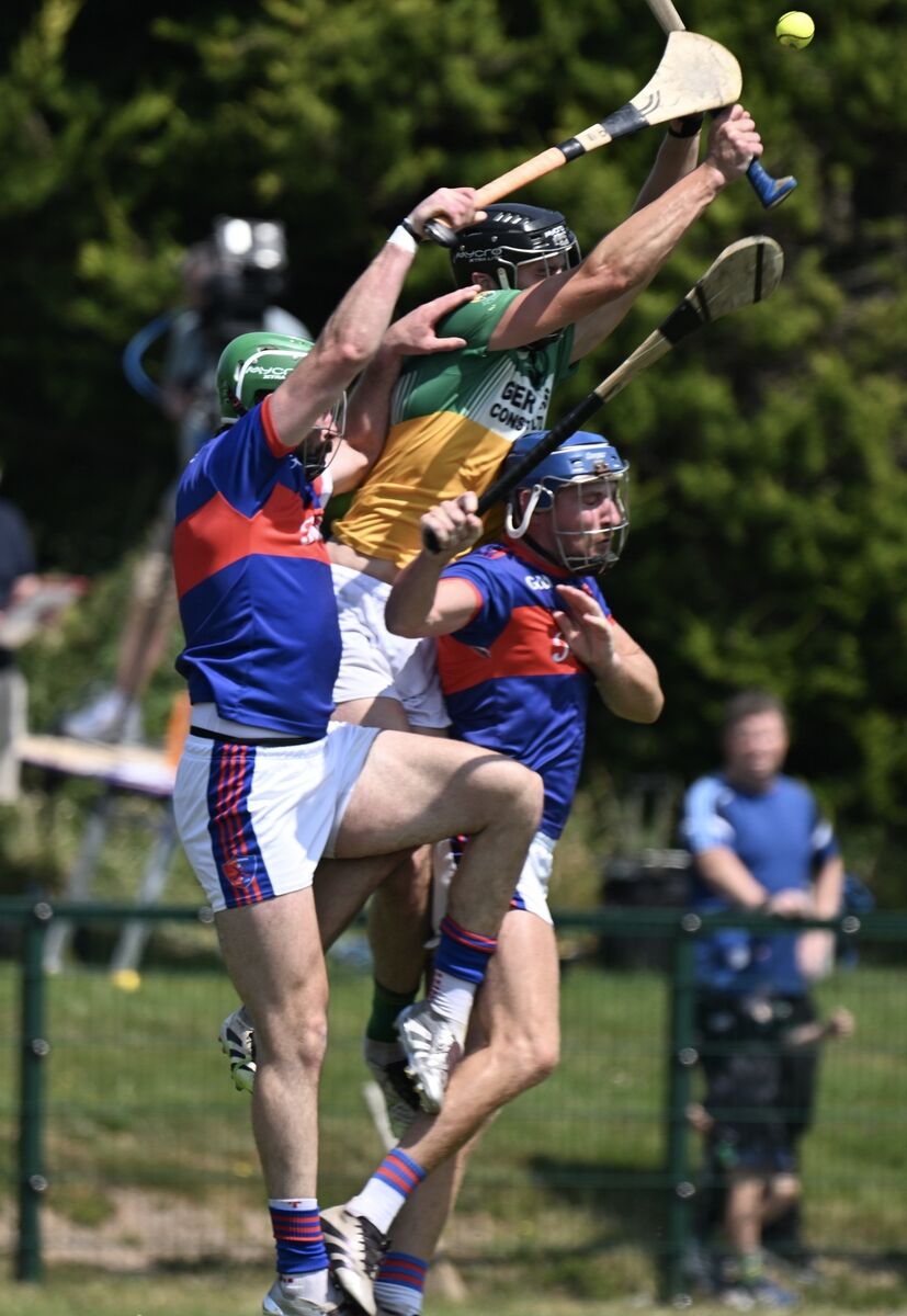 Bride Rovers captain Conleith Ryan battles for possession in the air against Erin’s Own. Picture: Larry Cummins Bride Rovers captain Conleith Ryan battles for possession in the air against Erin’s Own. Picture: Larry Cummins