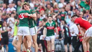 GAA All-Ireland Senior Football Championship Semi-Final Mayo vs Louth Kobe McDonald and Donnacha McHugh celebrate after the match 11/7/2026