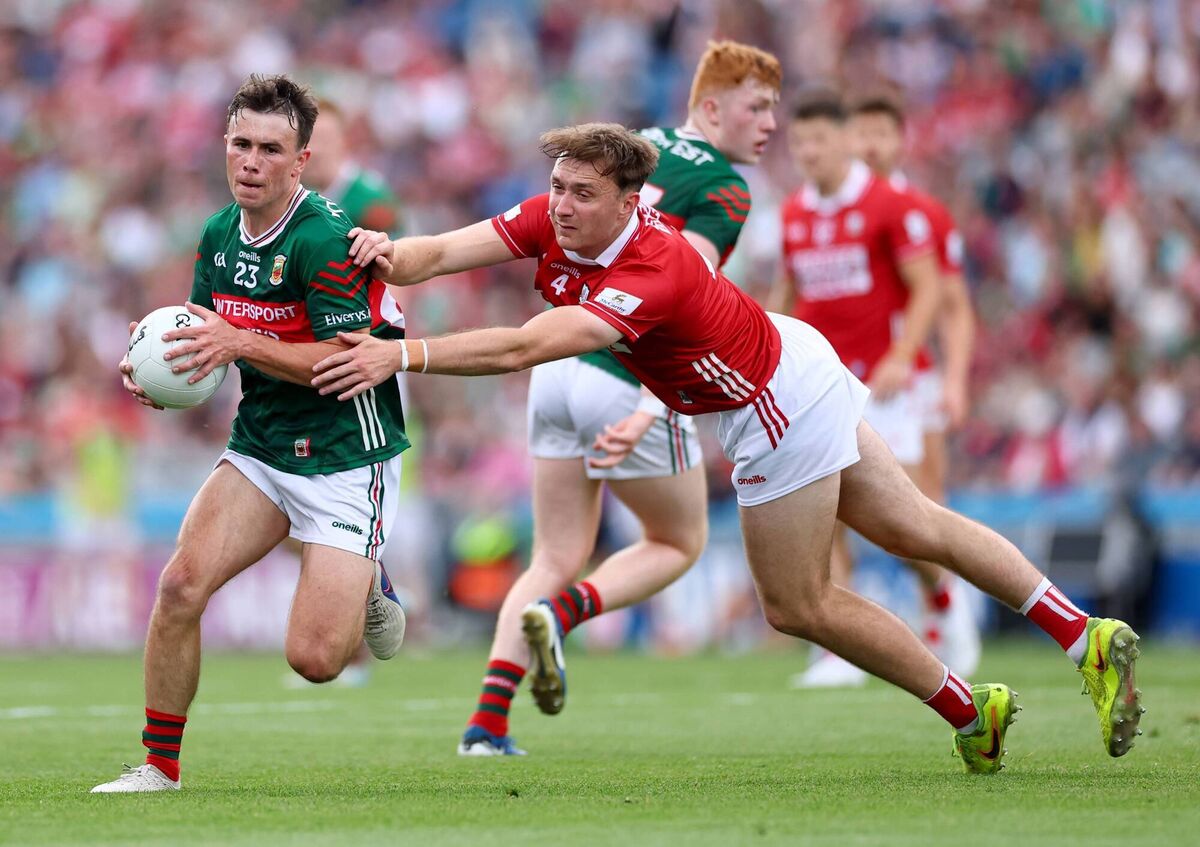 Mayo's Paul Towey and Cork's Seán Meehan in action. Picture: James Crombie/INPHO Mayo's Paul Towey and Cork's Seán Meehan in action. Picture: James Crombie/INPHO