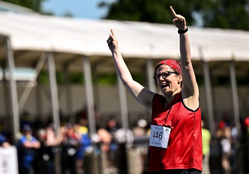 Rachel Ryan of Munster celebrates after competing in her 800m final race at Morton Stadium in Dublin during the 2026 Special Olympics Ireland Summer Games. Photo by Seb Daly/Sportsfile Rachel Ryan of Munster celebrates after competing in her 800m final race at Morton Stadium in Dublin during the 2026 Special Olympics Ireland Summer Games. Photo by Seb Daly/Sportsfile