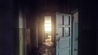 Derelict Site.jpg Dirty empty dark corridor in abandoned building, doors, light in the end, perspective, way to freedom
