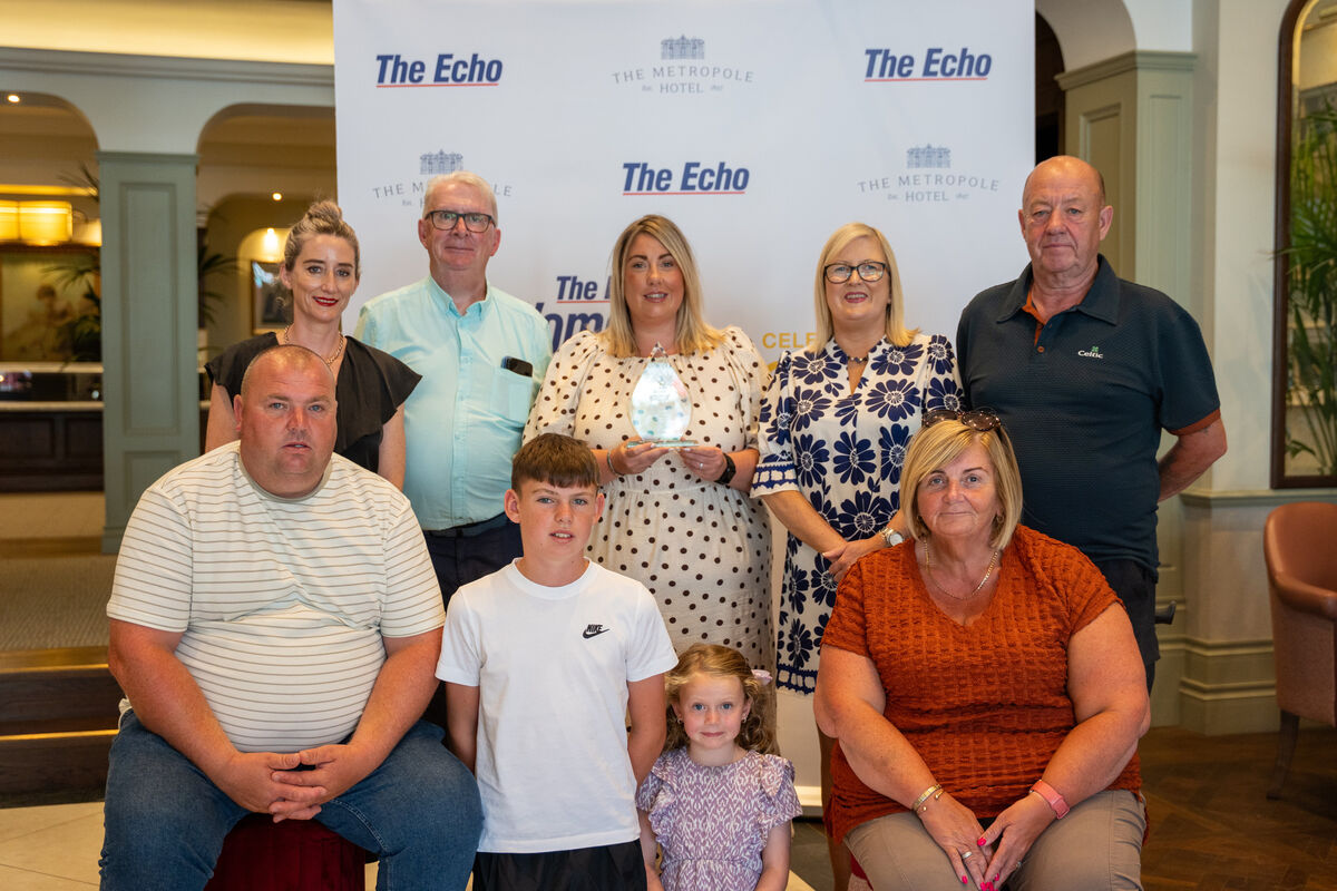 Front row, Damien Kidney, Conor Kidney, Annie Mae Kidney, and Teresa Keneally. Back row, Sandra Carey, Marketing Executive for the Echo, John Coughlan, sports journalist, Jennifer Kenneally, winner of The Echo Women in Sports Award for July, Jessica Casey, Event Manager at The Metropole Hotel and Gerard Keneally, pictured at The Metropole Hotel. Picture by Noel Sweeney Front row, Damien Kidney, Conor Kidney, Annie Mae Kidney, and Teresa Keneally. Back row, Sandra Carey, Marketing Executive for the Echo, John Coughlan, sports journalist, Jennifer Kenneally, winner of The Echo Women in Sports Award for July, Jessica Casey, Event Manager at The Metropole Hotel and Gerard Keneally, pictured at The Metropole Hotel. Picture by Noel Sweeney