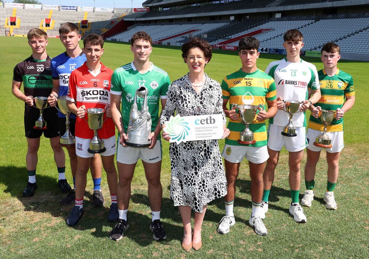 Pictured at the launch were Cllr Gillian Coughlan, chairperson Cork ETB, with Donal Herlihy (Diarmuid O'Murchú's), Tom Flynn (Sarsfields), Muiris Reidy ( Banteer), Luke O'Mahony (Ballincollig), Kevin O'Leary (Blackrock), Ben Horgan (Passage) and Jerome McCarthy (Kilmacabea/St James'). Picture: Jim Coughlan Pictured at the launch were Cllr Gillian Coughlan, chairperson Cork ETB, with Donal Herlihy (Diarmuid O'Murchú's), Tom Flynn (Sarsfields), Muiris Reidy ( Banteer), Luke O'Mahony (Ballincollig), Kevin O'Leary (Blackrock), Ben Horgan (Passage) and Jerome McCarthy (Kilmacabea/St James'). Picture: Jim Coughlan
