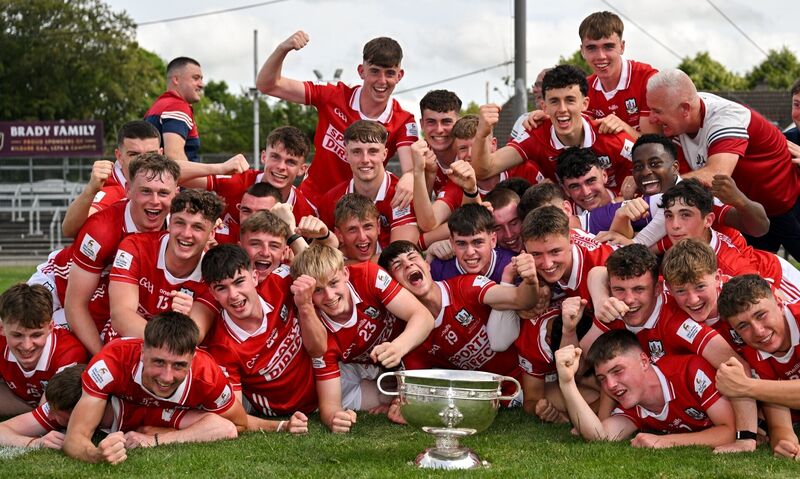 Cork players celebrate with the cup after the Electric Ireland All-Ireland MFC final. Picture: Sam Barnes/Sportsfile