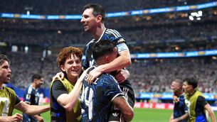 <p>Argentina’s Lionel Messi celebrates his side’s semi-final victory over England</p>
