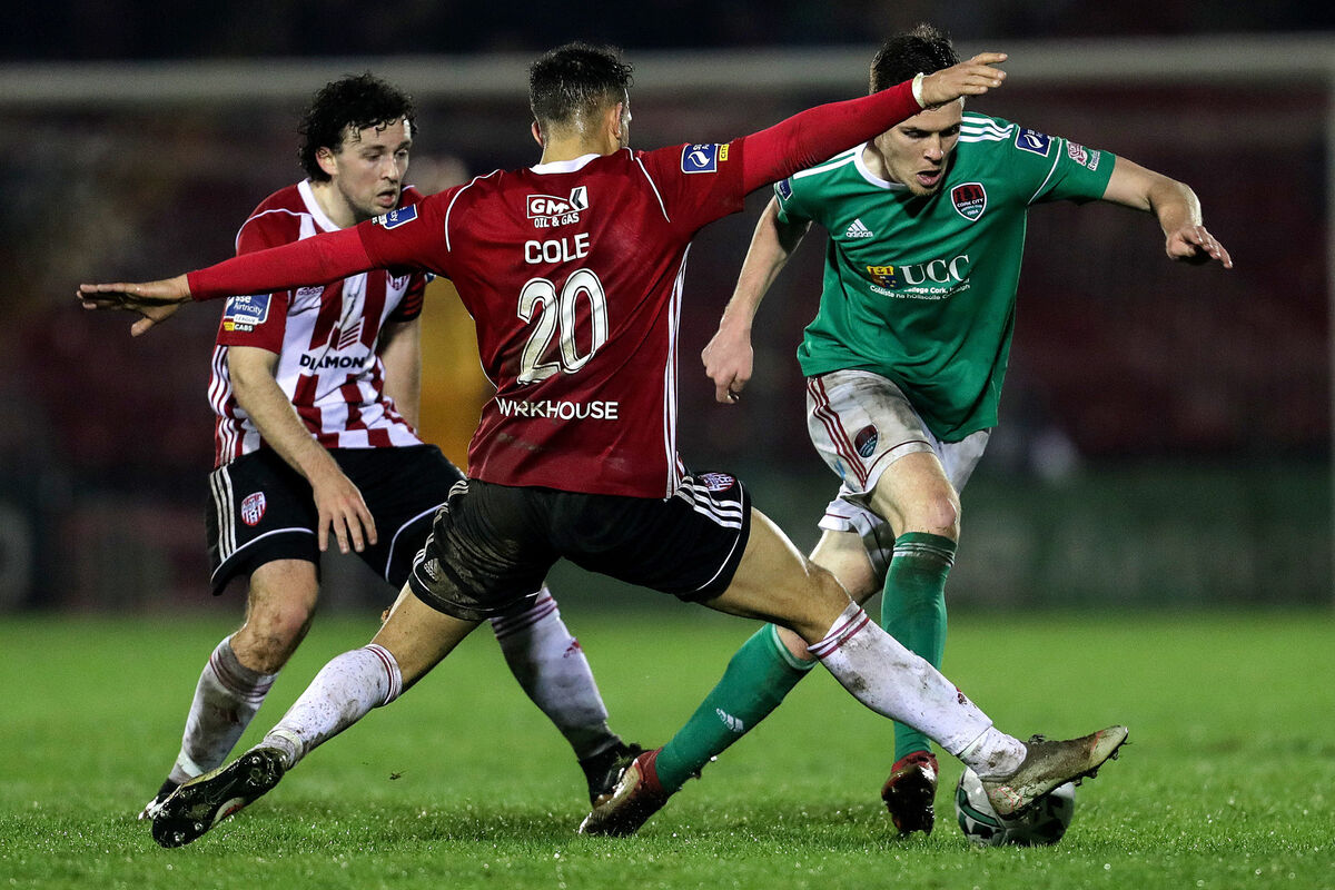 Cork City's Garry Buckley with Darren Cole and Barry McNamee of Derry City. Picture: INPHO/Laszlo Geczo Cork City's Garry Buckley with Darren Cole and Barry McNamee of Derry City. Picture: INPHO/Laszlo Geczo