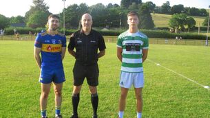 <p>Referee Alan O'Connor with captains Tim Cronin (Carrigaline) and Sam Browne (Valley Rovers) before the Carrigdhoun JAFC game. </p> <p>Referee Alan O'Connor with captains Tim Cronin (Carrigaline) and Sam Browne (Valley Rovers) before the Carrigdhoun JAFC game. </p>