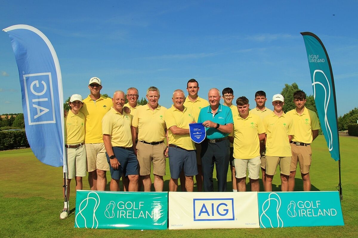Dave Prendergast (Golf Ireland) presenting Don Coughlan (Douglas) with the AIG Men's Senior Cup pennant. Dave Prendergast (Golf Ireland) presenting Don Coughlan (Douglas) with the AIG Men's Senior Cup pennant.