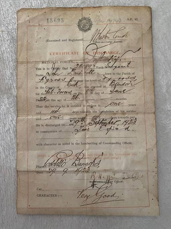 Discharge papers for John O'Driscoll in 1923