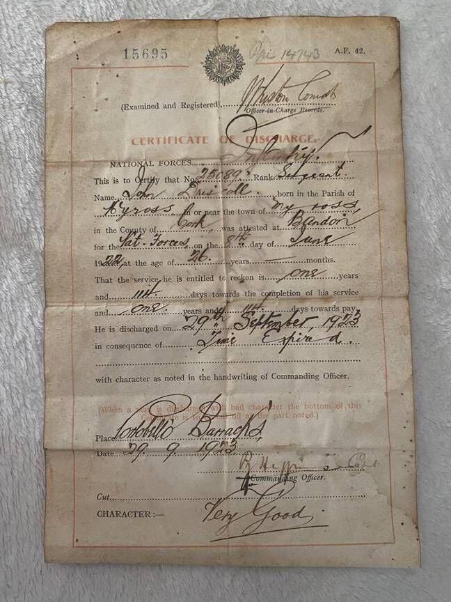 Discharge papers for John O'Driscoll in 1923 Discharge papers for John O'Driscoll in 1923