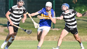 <p> Carrigtwohill's Cillian Galvin tries to get away from Midleton's Max Murphy and Ciaran Kelly during their Premier 1 MHC clash in Midleton. Picture: David Keane.</p>