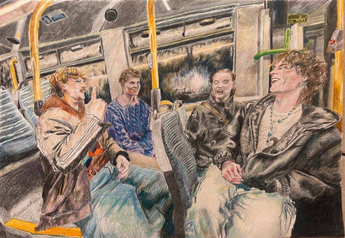 A drawing by Cork artist Odessa Yip of of her friends on a bus A drawing by Cork artist Odessa Yip of of her friends on a bus