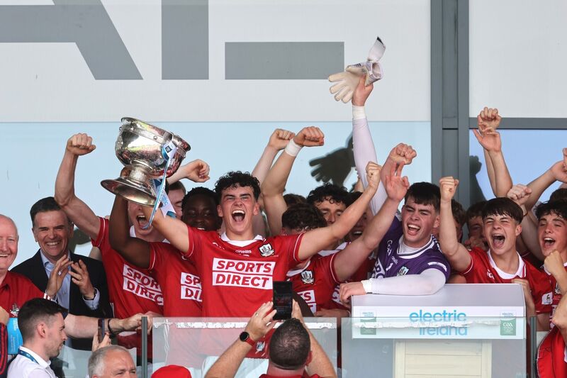 Cork captain Joe Miskella lifts the Electric Ireland All-Ireland MFC trophy. Picture: Bryan Keane/INPHO Cork captain Joe Miskella lifts the Electric Ireland All-Ireland MFC trophy. Picture: Bryan Keane/INPHO