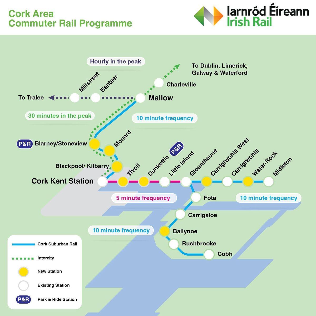 A map showing the proposed locations of new and commuter train stations on the proposed Cork Commuter Rail network.