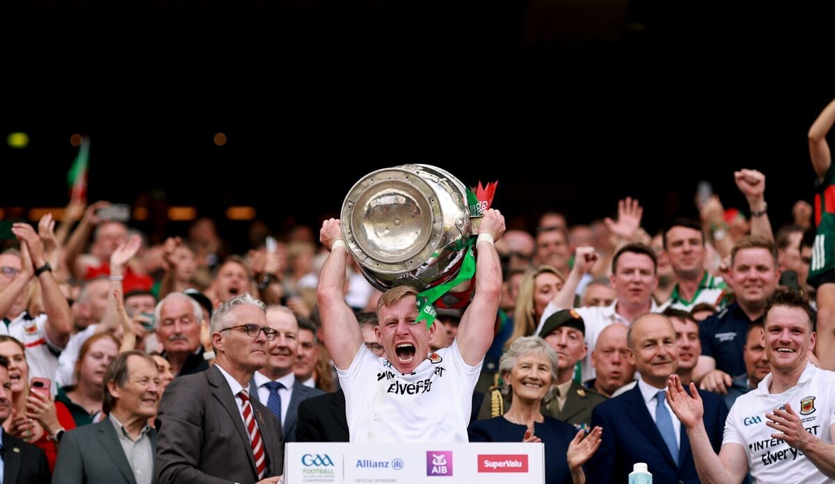 Mayo's Ryan O'Donoghue lifts the Sam Maguire
