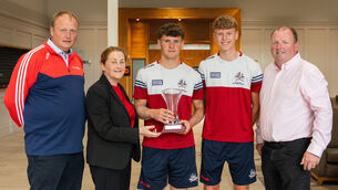 <p>Norina O’Callaghan, Director of Sales and Marketing, Clayton Hotel, Silversprings, overall sponsors, presents the Rebel Óg award for May to Conor Downing and Micheál Walsh from the Cork minor football team. Also included are: Peter Watson, chairperson Rebel Óg, and Keith Ricken, team manager. 	<span class="contextmenu emphasis CaptionCredit">Picture: Noel Sweeney</span>
            </p>
