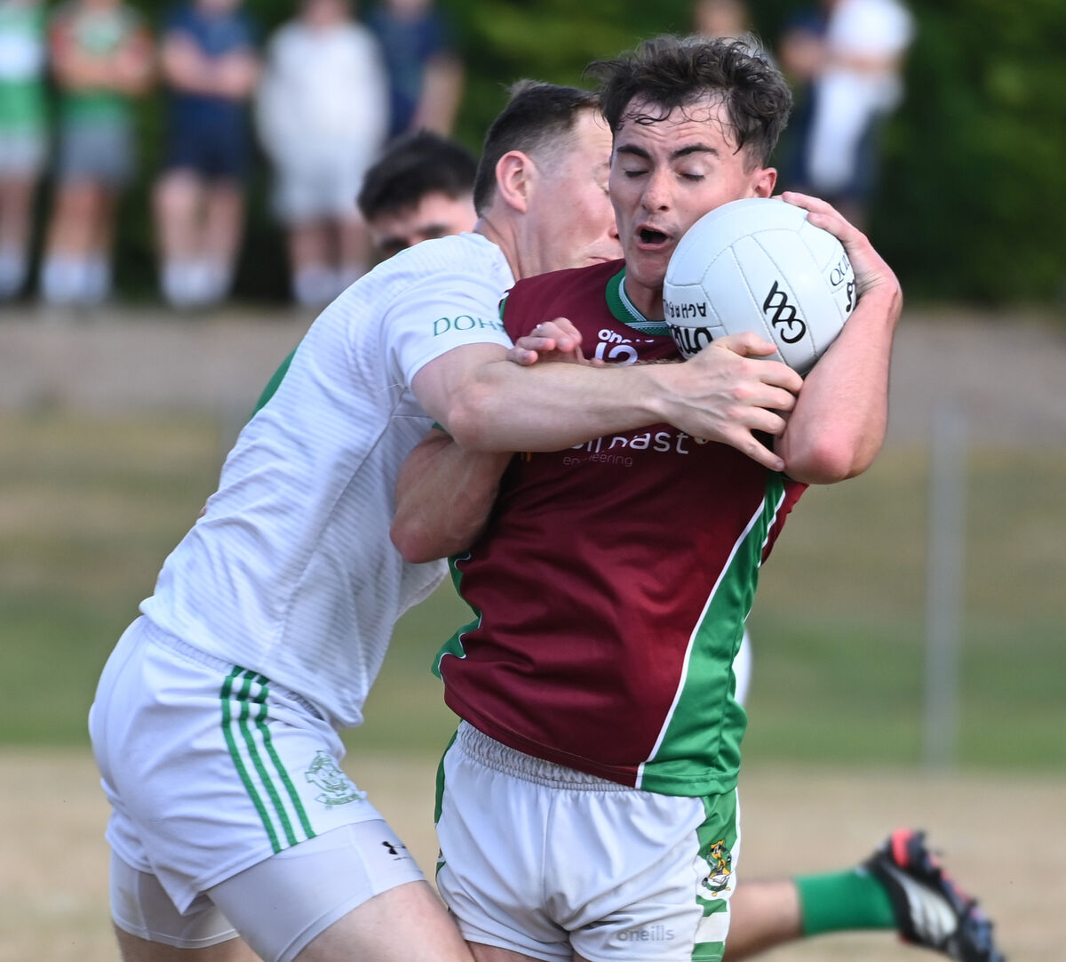 Aghabullogue's Aaron O'Sullivan is tackled by Doheny's Eoin Lavers during the McCarthy Insurance Group Senior A FC at Kilmicheal. Picture: Eddie O'Hare Aghabullogue's Aaron O'Sullivan is tackled by Doheny's Eoin Lavers during the McCarthy Insurance Group Senior A FC at Kilmicheal. Picture: Eddie O'Hare