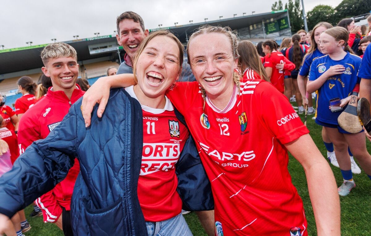 Cork's Millie Condon celebrates with Grace Flynn after the game. Picture: INPHO/Tom Maher