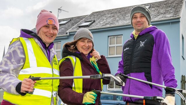 <p>Clodagh Whelton, Marlena Tarnopolska and Ray Tarnopolski, of Rosscarbery Tidy Towns, during the annual KWD West Cork and Kerry County Clean-Up Day in April. The number of litter and illegal dumping fines is up 56% this year. Picture: Andy Gibson.</p>