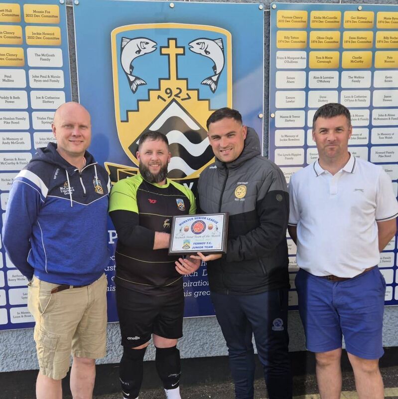 Shane O Flynn Munster Senior League Fixtures Secretary, presenting Fermoy Junior team with team of the month Shane O Flynn Munster Senior League Fixtures Secretary, presenting Fermoy Junior team with team of the month
