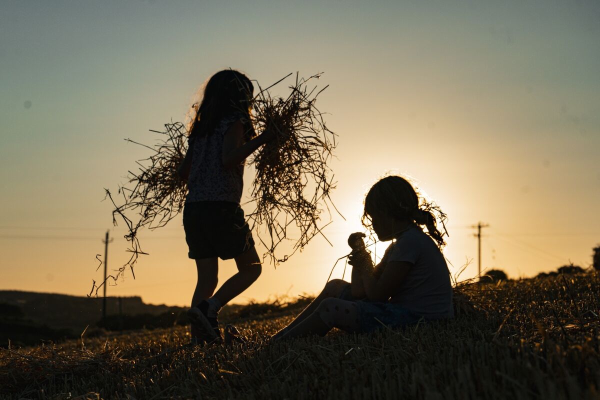 Evie Buckley and Ellie O’Donovan are silhouetted against the evening sky as the sun sets over Dennis Hickey’s farm near Midleton, Co Cork, following the annual community haymaking evening. Picture: Chani Anderson Evie Buckley and Ellie O’Donovan are silhouetted against the evening sky as the sun sets over Dennis Hickey’s farm near Midleton, Co Cork, following the annual community haymaking evening. Picture: Chani Anderson
