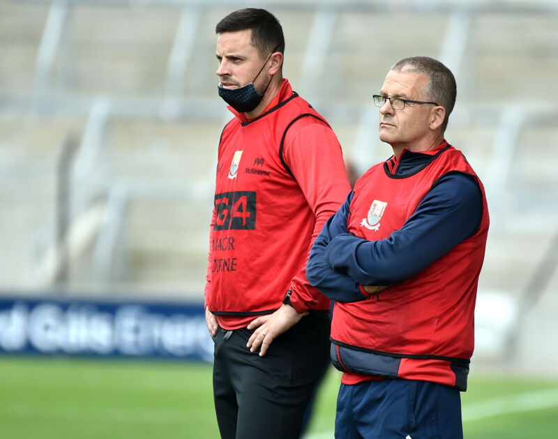 Cork manager Ephie Fitzgerald selector Paddy O'Shea against Waterford during the TG4 All Ireland championship 2021 senior quarter final at Pairc Ui Chaoimh Cork manager Ephie Fitzgerald selector Paddy O'Shea against Waterford during the TG4 All Ireland championship 2021 senior quarter final at Pairc Ui Chaoimh