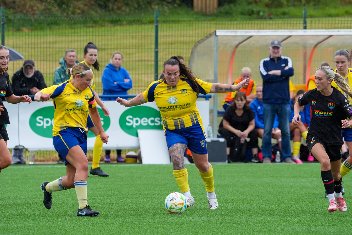 Douglas Hall’s Nathalie O’Brien and Maggie Duncliffe both spot a chance for a clearance. Picture by Noel Sweeney Douglas Hall’s Nathalie O’Brien and Maggie Duncliffe both spot a chance for a clearance. Picture by Noel Sweeney