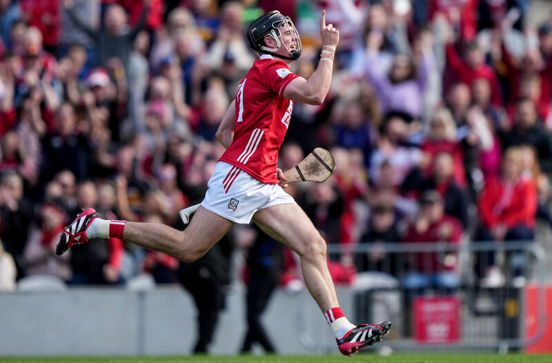 Cork captain Darragh Fitzgibbon celebrates a goal. Picture: James Lawlor/INPHO
