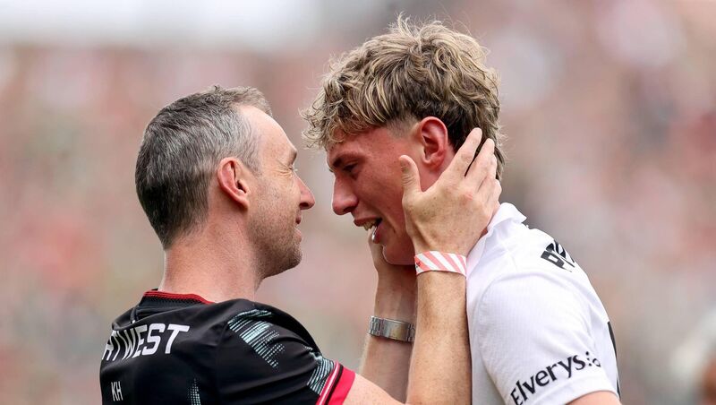 Mayo's Kobe McDonald celebrates with coach Keith Higgins after the match Mandatory Credit ©INPHO/Ryan Byrne Mayo's Kobe McDonald celebrates with coach Keith Higgins after the match Mandatory Credit ©INPHO/Ryan Byrne
