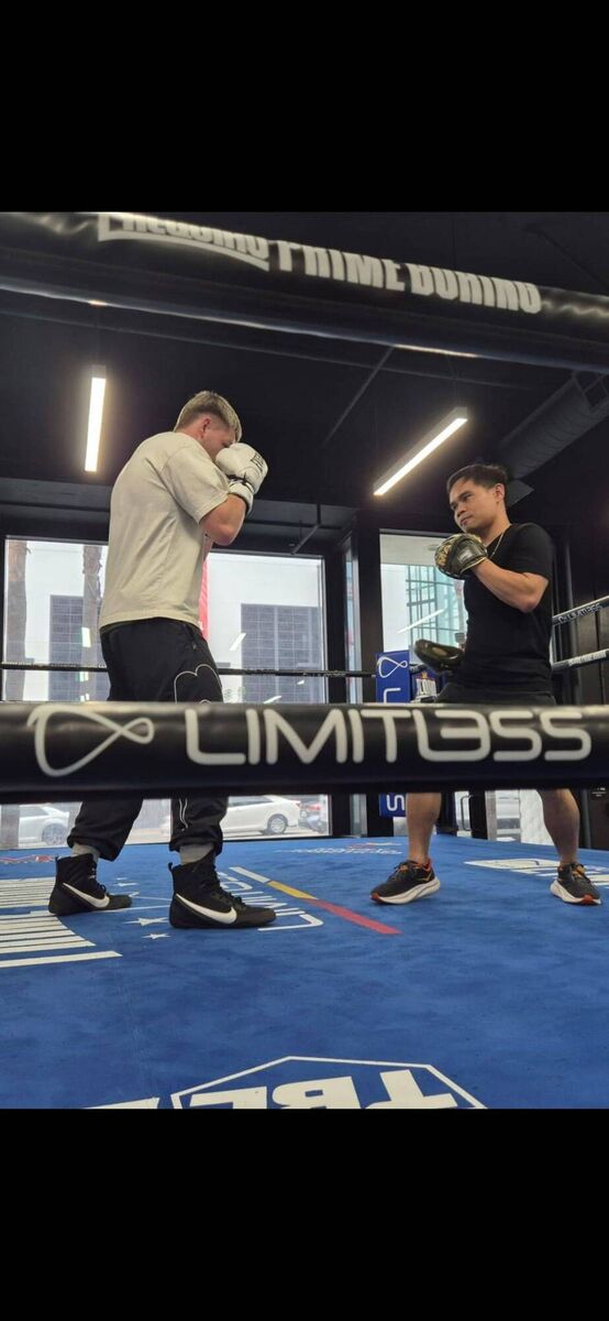 Callum Walsh working with his coach Marvin Somodio at the Pacquiao Prime Boxing Gym at Hollywood Boulevard. Callum Walsh working with his coach Marvin Somodio at the Pacquiao Prime Boxing Gym at Hollywood Boulevard.