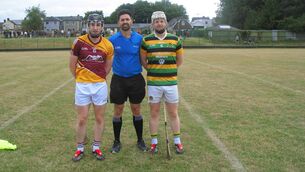 <p>Referee Niall Fahy accompanied by captains Cillian Ruan (Whitechurch) and Jamie Corkery (Glen Rovers) </p> <p>Referee Niall Fahy accompanied by captains Cillian Ruan (Whitechurch) and Jamie Corkery (Glen Rovers) </p>
