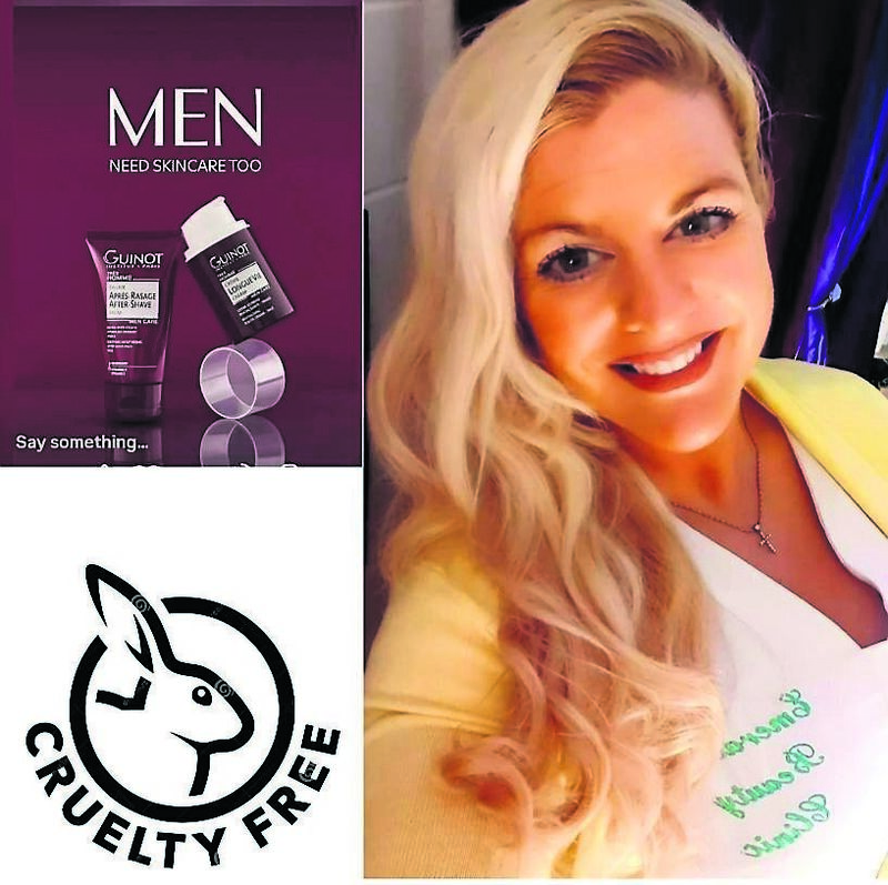 Emer O’Callaghan in her uniform at Emerald Beauty Clinic, her make-up is Master Colors Paris, available from the clinic. Also pictured is the Guinot Men’s Range and the cruelty-free symbol on skin and beauty products Emer O’Callaghan in her uniform at Emerald Beauty Clinic, her make-up is Master Colors Paris, available from the clinic. Also pictured is the Guinot Men’s Range and the cruelty-free symbol on skin and beauty products