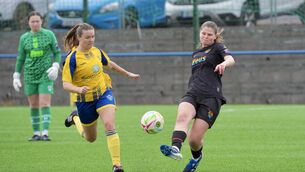 <p>City’s Anna Cronin clears the ball as Douglas Hall’s Claire Shine closes in. Picture by Noel Sweeney</p> <p>City’s Anna Cronin clears the ball as Douglas Hall’s Claire Shine closes in. Picture by Noel Sweeney</p>