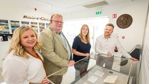 <p>At the launch of the Michael Collins diaries at Michael Collins House in Clonakilty were, from left: Aoife Power, administrative officer, Cork County Council; Danny Collins, councillor; Jessica Baldwin, National Archives of Ireland; and Jamie Murphy, manager, Michael Collins House Museum. Picture: Dermot Sullivan.</p> <p>At the launch of the Michael Collins diaries at Michael Collins House in Clonakilty were, from left: Aoife Power, administrative officer, Cork County Council; Danny Collins, councillor; Jessica Baldwin, National Archives of Ireland; and Jamie Murphy, manager, Michael Collins House Museum. Picture: Dermot Sullivan.</p>