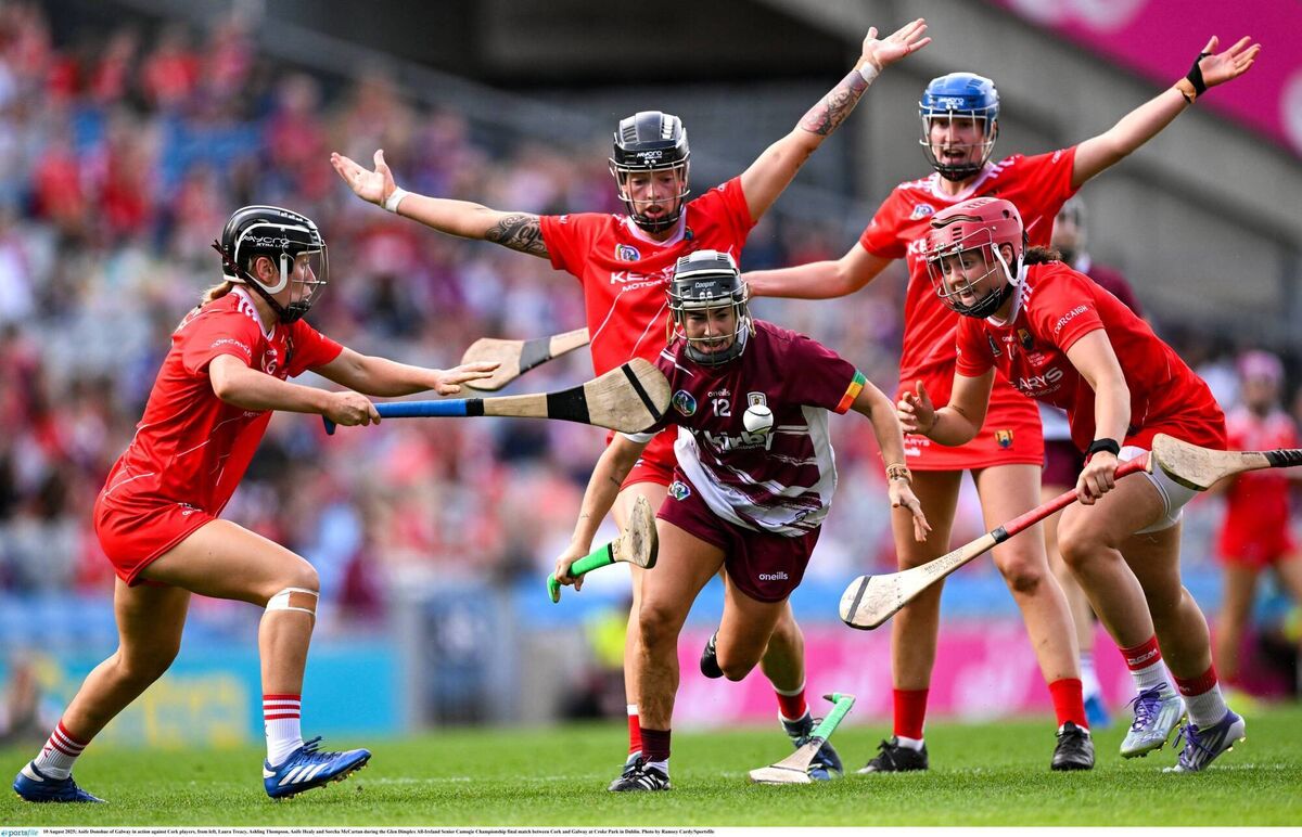 Aoife Donohue of Galway battling Laura Treacy, Ashling Thompson, Aoife Healy and Sorcha McCartan. Picture: Ramsey Cardy/Sportsfile
