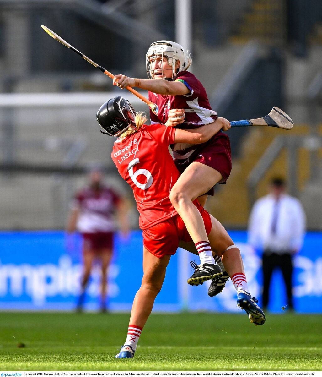 Shauna Healy of Galway is tackled by Laura Treacy of Cork last August. Picture: Ramsey Cardy/Sportsfile
