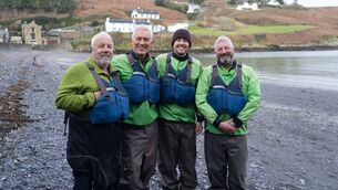 <p>Martin and Roman Kemp, with Jim Kennedy, Atlantic Sea Kayaking (left); and folklore expert Conor Ó Buachalla, during filming for their new Channel 4 series at Glandore Bay. Picture: Rock Oyster Media and ITV.</p>