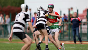 <p> Denis O'Mahony, Ballinora, is tackled by Conor McSharry, Midleton. Both played very well for their respective teams in Monday night's P1 U16 Hurling Championship action. Picture: Jim Coughlan.</p> <p> Denis O'Mahony, Ballinora, is tackled by Conor McSharry, Midleton. Both played very well for their respective teams in Monday night's P1 U16 Hurling Championship action. Picture: Jim Coughlan.</p>