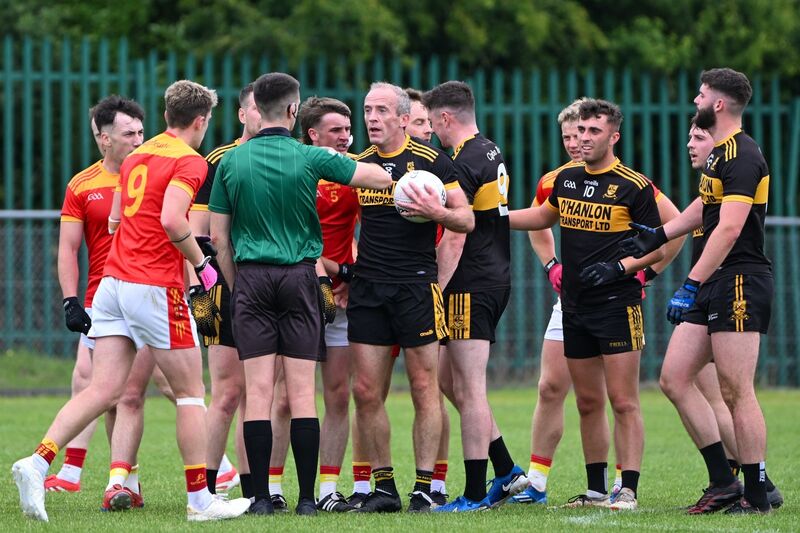 Clyda Rovers’ Paudie Kissane speaks with referee Ciarán Murphy. Picture: Chani Anderson Clyda Rovers’ Paudie Kissane speaks with referee Ciarán Murphy. Picture: Chani Anderson
