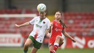<p>Cork city’s Heidi Mackin and Cliftonville’s Naomi McLaughlin in All-Island Cup action at Solitude Stadium. Picture: Mark Marlow</p> <p>Cork city’s Heidi Mackin and Cliftonville’s Naomi McLaughlin in All-Island Cup action at Solitude Stadium. Picture: Mark Marlow</p>