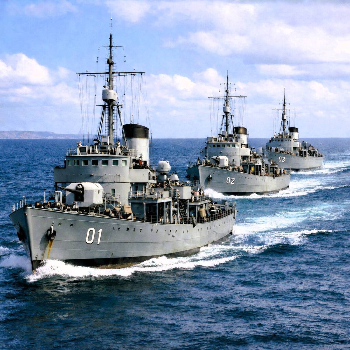 The Macha, Maev and Clíona on naval exercises in the 1950s