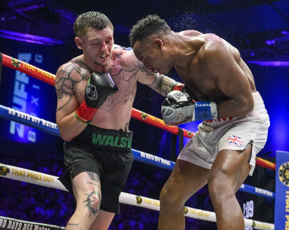 Cork's Callum Walsh in action against England's Tyler Denny during their middleweight bout at the Zuffa Boxing promotion at the 3 Arena, Dublin. Picture: Doug Minihane Cork's Callum Walsh in action against England's Tyler Denny during their middleweight bout at the Zuffa Boxing promotion at the 3 Arena, Dublin. Picture: Doug Minihane