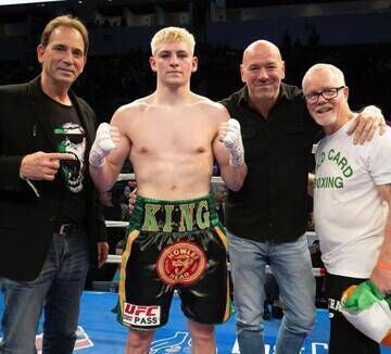Callum Walsh with his promoter Tom Loeffler on the left and UFC kingpin Dana White and legendary trainer Freddie Roach. Callum Walsh with his promoter Tom Loeffler on the left and UFC kingpin Dana White and legendary trainer Freddie Roach.