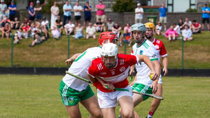 <p>Seán O’Reilly of Seandún looks to break past Muskerry’s Cian O’Driscoll in Sunday's Co-op SuperStores Divisions/Colleges Hurling Championship game at Ballinlough. Picture: Noel Sweeney</p>