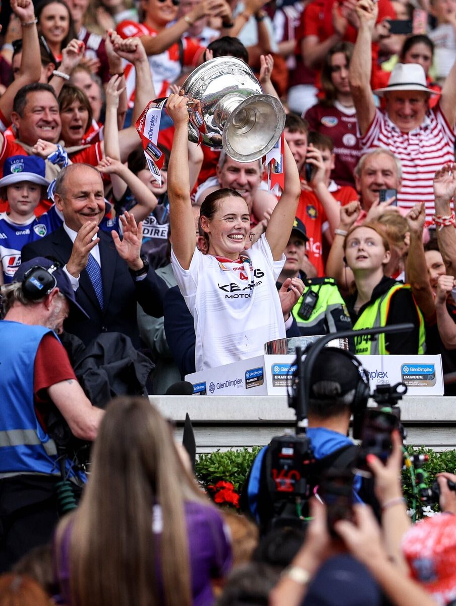 Méabh Cahalane lifts the O'Duffy Cup. Picture: INPHO/Ben Brady Méabh Cahalane lifts the O'Duffy Cup. Picture: INPHO/Ben Brady