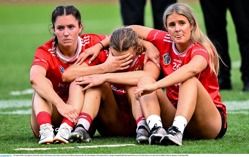Saoirse McCarthy, Laura Hayes and Ciara O’Sullivan after the shattering loss to Galway in 2025. Picture: Ramsey Cardy/Sportsfile