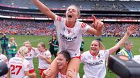 2026 Glen Dimplex All-Ireland Senior Camogie Championship Final Cork vs Galway Laura Hayes and Saoirse McCarthy celebrate winning 9/8/2026