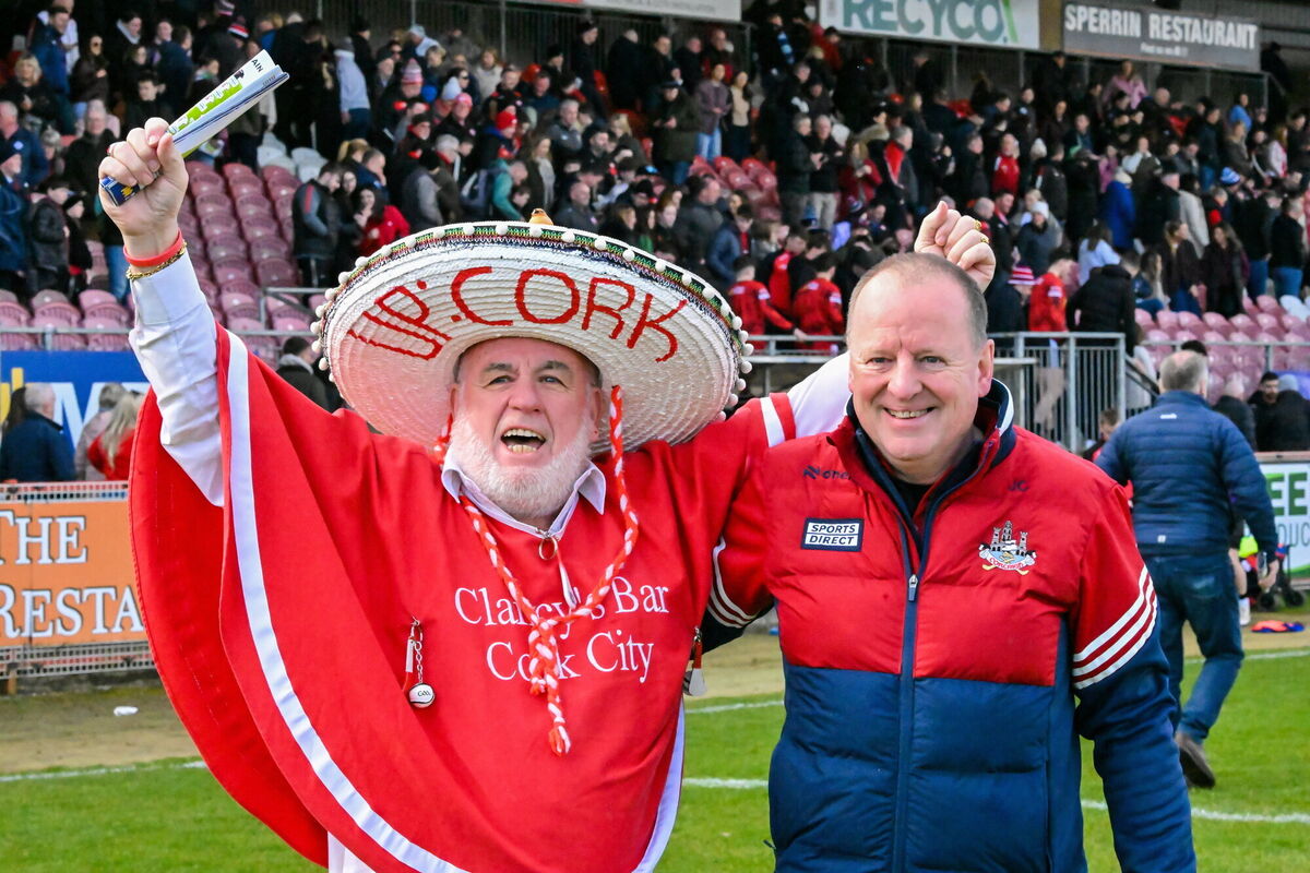 Cork Manager John Cleary along with Cork supporter Cyril Kavanagh after the Allianz Football League Division 2 match between Tyrone and Cork at O'Neills Healy Park in Omagh, Tyrone. Photo by Oliver McVeigh/Sportsfile