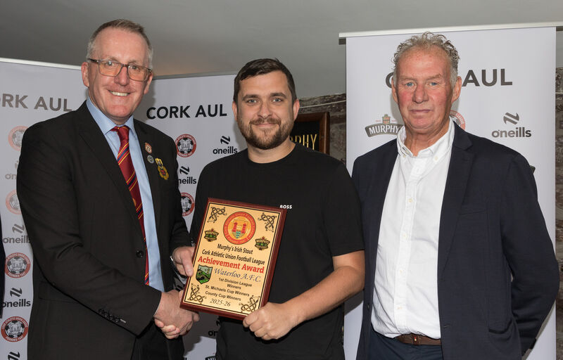 Don Cafferkey , AUL presents the Achievement Award to Jack Murphy of Waterloo FC, also present is Jim Cashman of Heineken Ireland at the annual awards night of the AUL that was held at the Kiln, Heineken Brewery, Cork. - Picture: David Creedon Don Cafferkey , AUL presents the Achievement Award to Jack Murphy of Waterloo FC, also present is Jim Cashman of Heineken Ireland at the annual awards night of the AUL that was held at the Kiln, Heineken Brewery, Cork. - Picture: David Creedon
