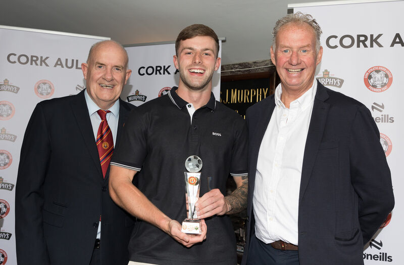Dan O'Flynn presents the Golden Boot Award for Division 1 to 3 to Kyle O'Callaghan of Cathedral Celtic, also present is Jim Cashman of Heineken Ireland at the annual awards night of the AUL that was held at the Kiln, Heineken Brewery, Cork. - Picture: David Creedon Dan O'Flynn presents the Golden Boot Award for Division 1 to 3 to Kyle O'Callaghan of Cathedral Celtic, also present is Jim Cashman of Heineken Ireland at the annual awards night of the AUL that was held at the Kiln, Heineken Brewery, Cork. - Picture: David Creedon